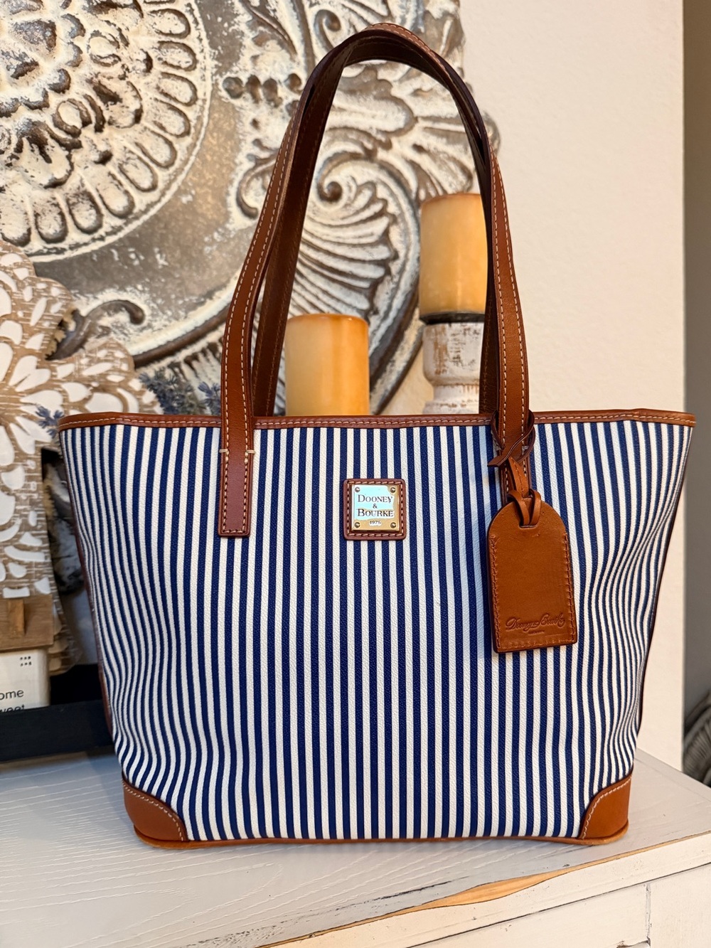 Dooney & Bourke Blue and White Stripe Canvas Tote with Brown Leather Trim